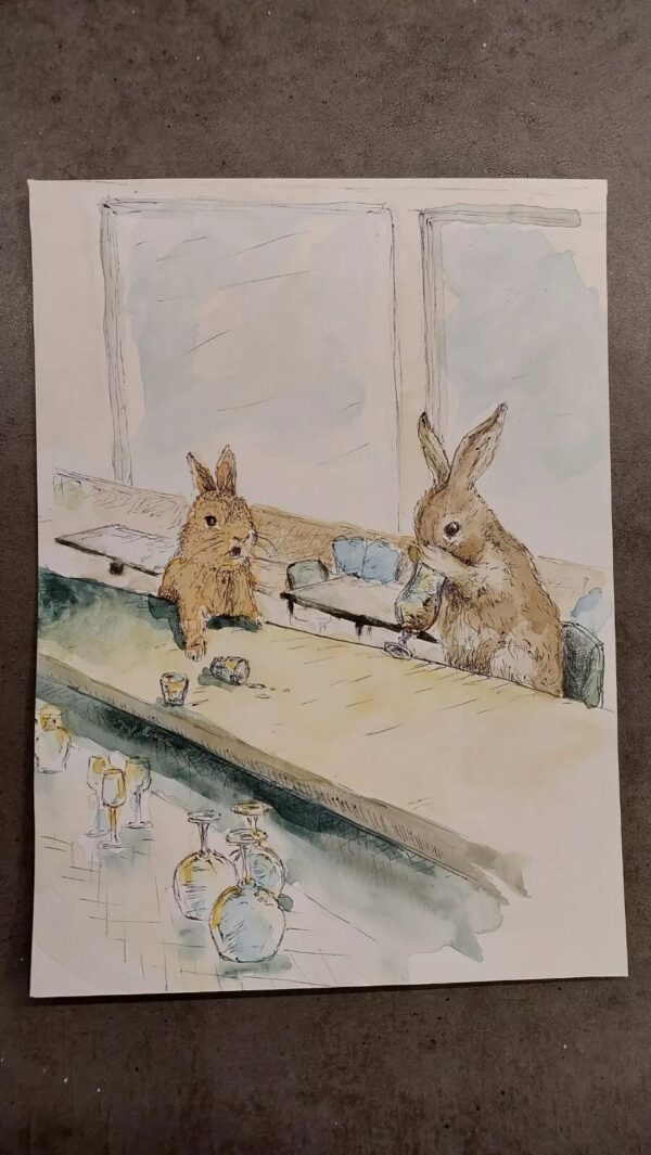 Argument in the bar. Iceland. Signed Painting by TORI, 13x18cm, 2023