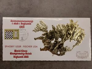 Iceland 1972 Fischer-Spassky World Chess Championship Postcard - Gold Foil Iceland Map Cachet