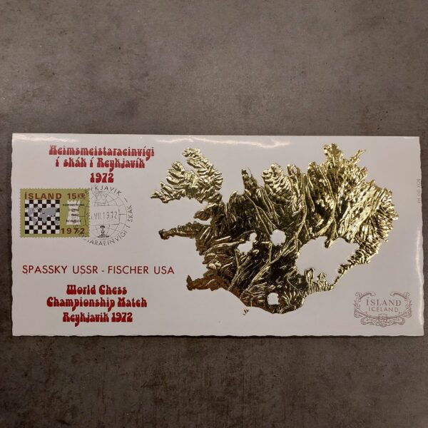 Iceland 1972 Fischer-Spassky World Chess Championship Postcard - Gold Foil Iceland Map Cachet