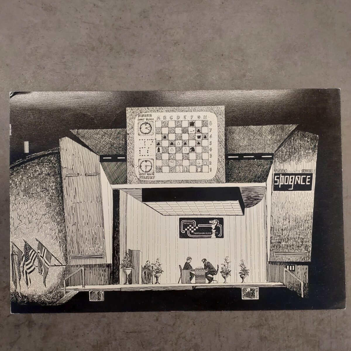 Iceland 1972 Fischer-Spassky World Chess Championship Postcard - Reykjavík Match Hall Illustration (Icelandic Chess Federation)