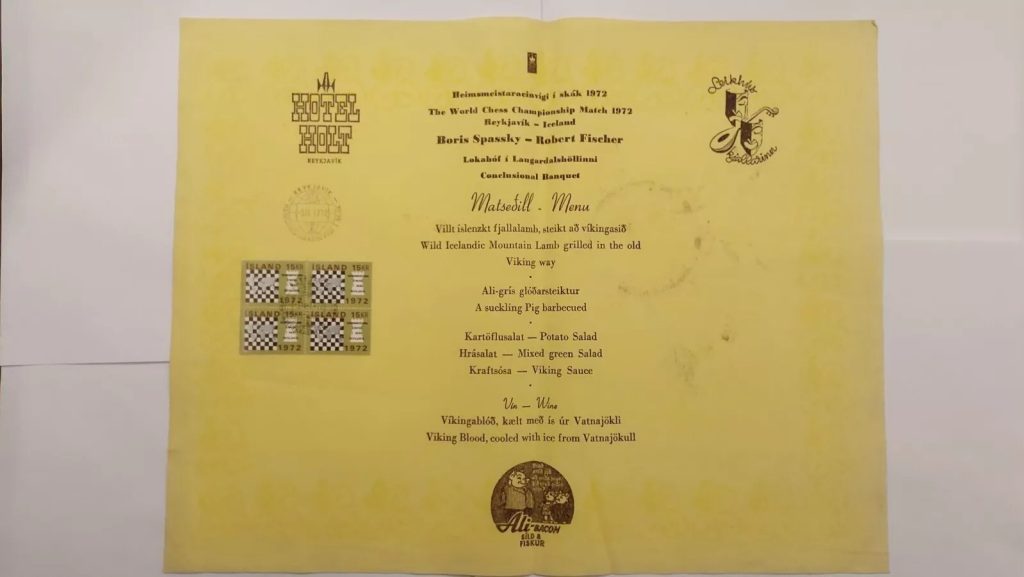 WCC 1972 - Fischer vs. Spassky Conclusional Banquet Menu - Hotel Holt