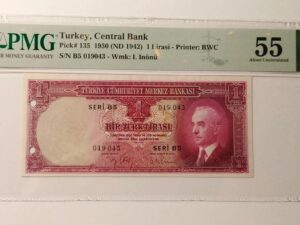 Turkey 1 Lira 1930 (1942) Punch Hole Cancelled PMG55