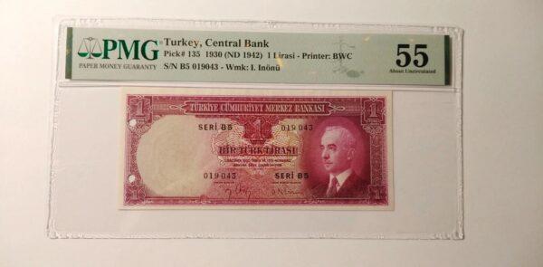 Turkey 1 Lira 1930 (1942) Punch Hole Cancelled PMG55