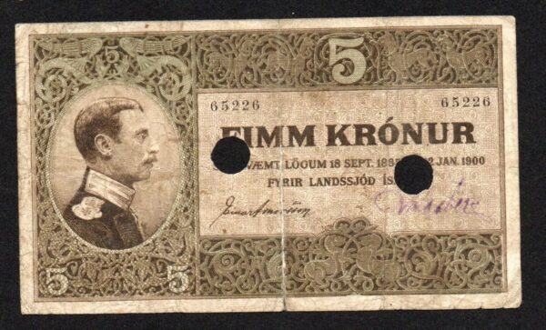 5 Kronur 1885-1900 (1900-06), Two hole punch cancelled, Iceland