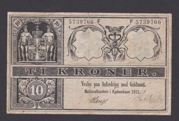 DENMARK 10 Kroner, 1911 Prefix F