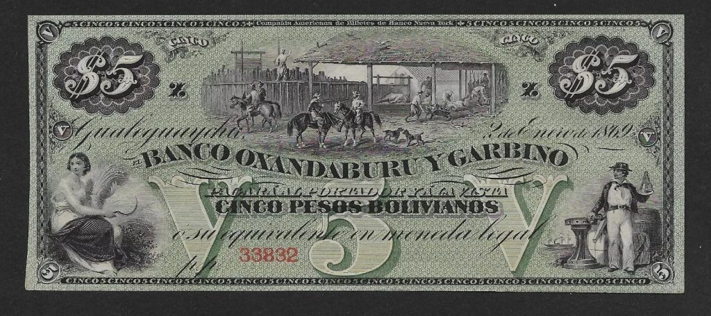 1869 Argentina 5 Pesos Bolivianos Banknote