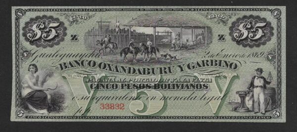 1869 Argentina 5 Pesos Bolivianos Banknote