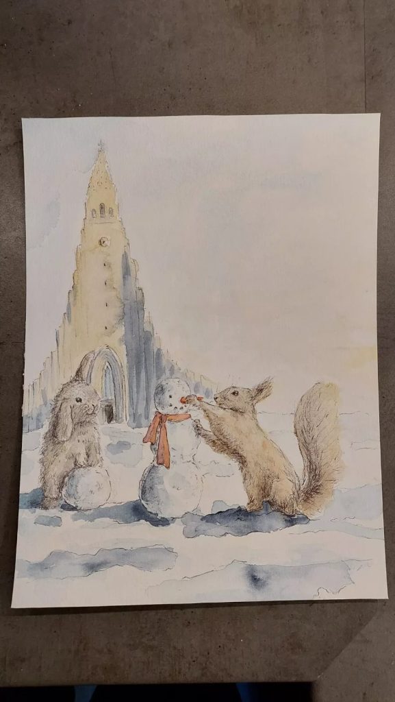 Snowman at Hallgrimskirkja. Christmas. Iceland. Signed Painting by TORI, 2023