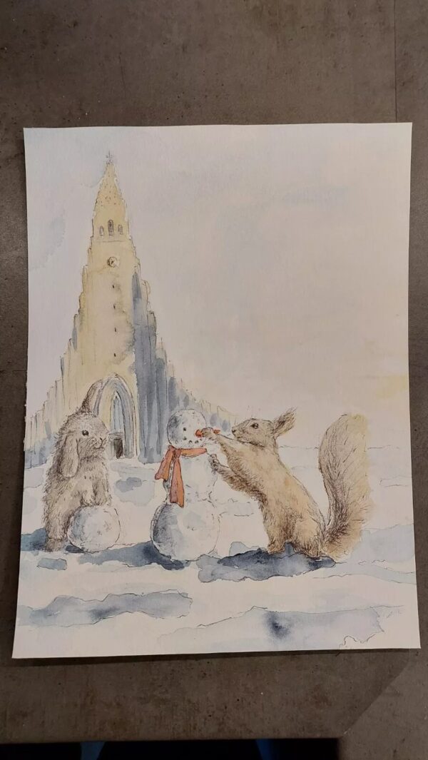 Snowman at Hallgrimskirkja. Christmas. Iceland. Signed Painting by TORI,  2023