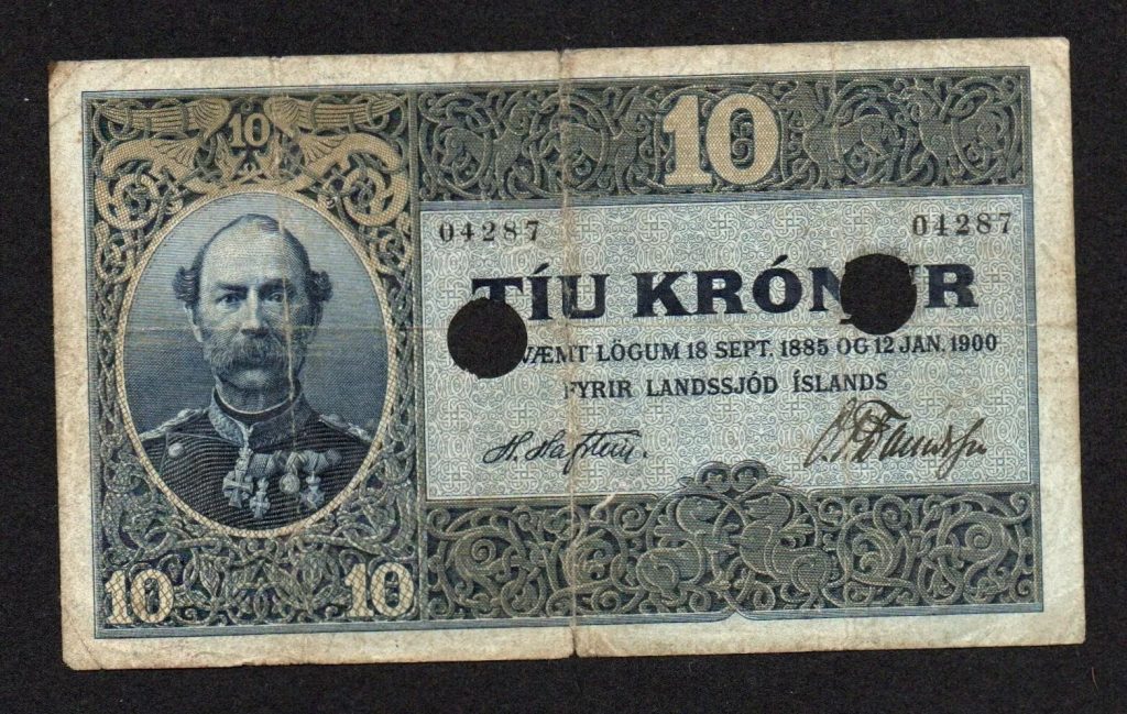 10 Kronur 1885-1900 (1900-06), Two hole punch cancelled, Iceland