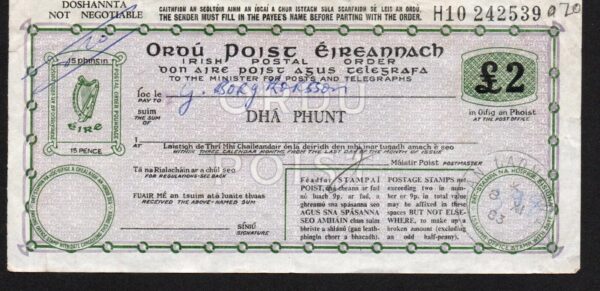 IRELAND-IRISH POSTAL ORDER 1983 2 POUNDS