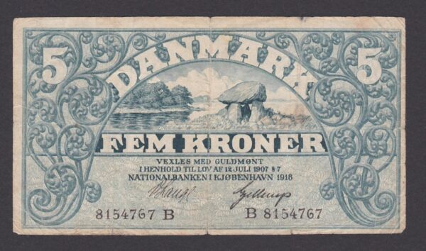 DENMARK 5 Kroner, 1918 Prefix B