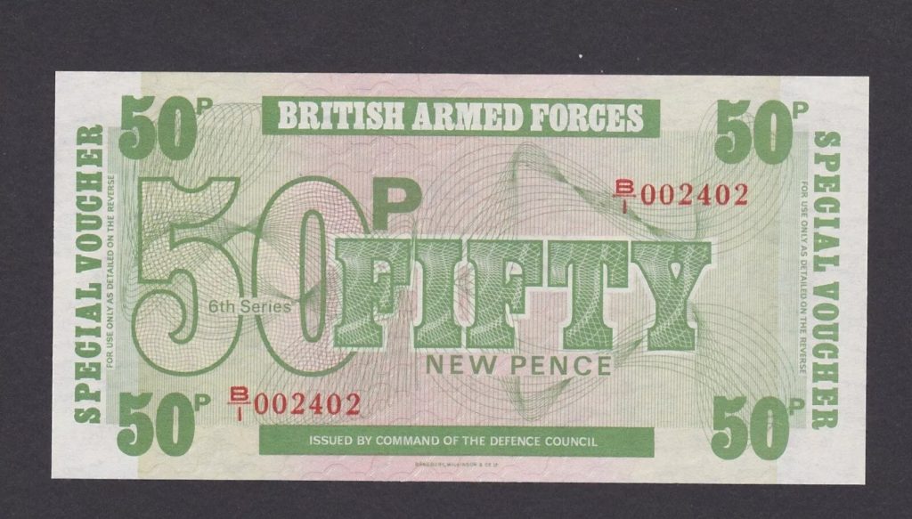 BRITISH ARMED FORCES, 50 PENCE, 6th SERIES 1972 UNC Low serial 2402