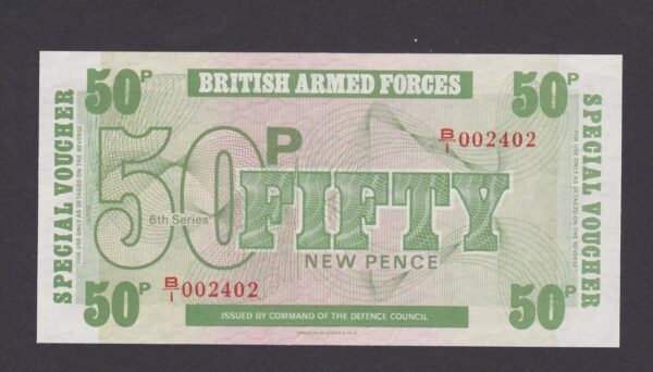 BRITISH ARMED FORCES, 50 PENCE, 6th SERIES 1972 UNC Low serial 2402