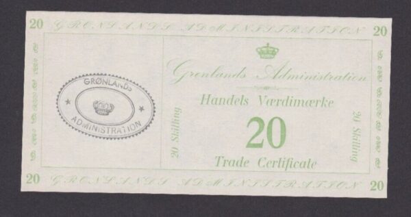 GREENLAND TRADE CERTIFICATE 20 SKILLING 1942 UNC