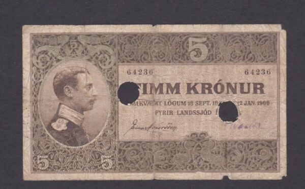 5 Kronur 1885-1900 (1900-06), Two hole punch cancelled, Iceland