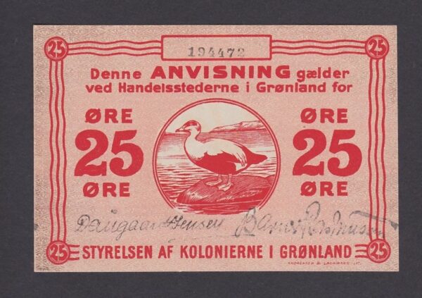 Greenland Styrelsen af Kolonierne i Gronland 25 Ore 1913 UNC
