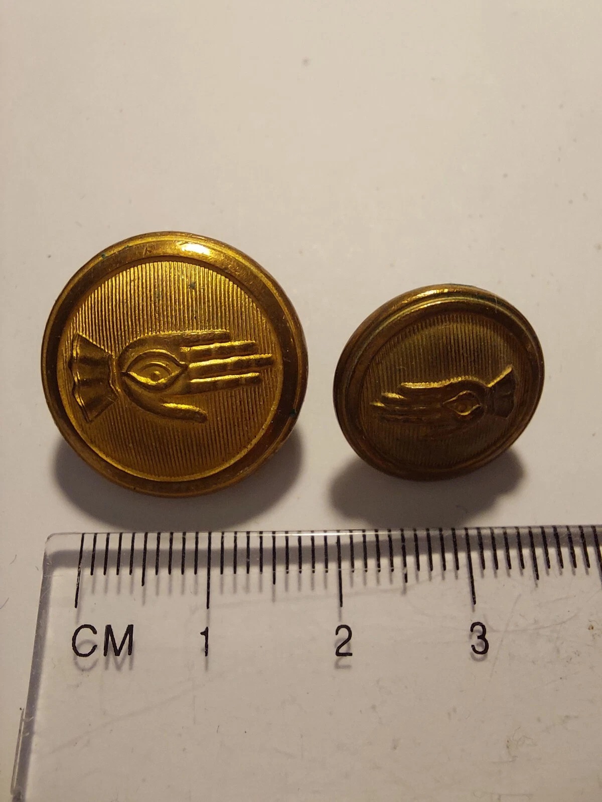 Pair of Vintage Icelandic Police Uniform Buttons – Gold-Plated Brass with Hand Motif - Image 6
