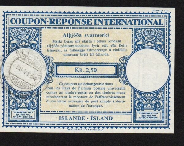 Coupon Reponse International Reykjavik Iceland 1954 2,50 Kronur