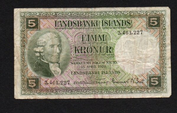 1928 ICELAND 5 KRONUR NOTE