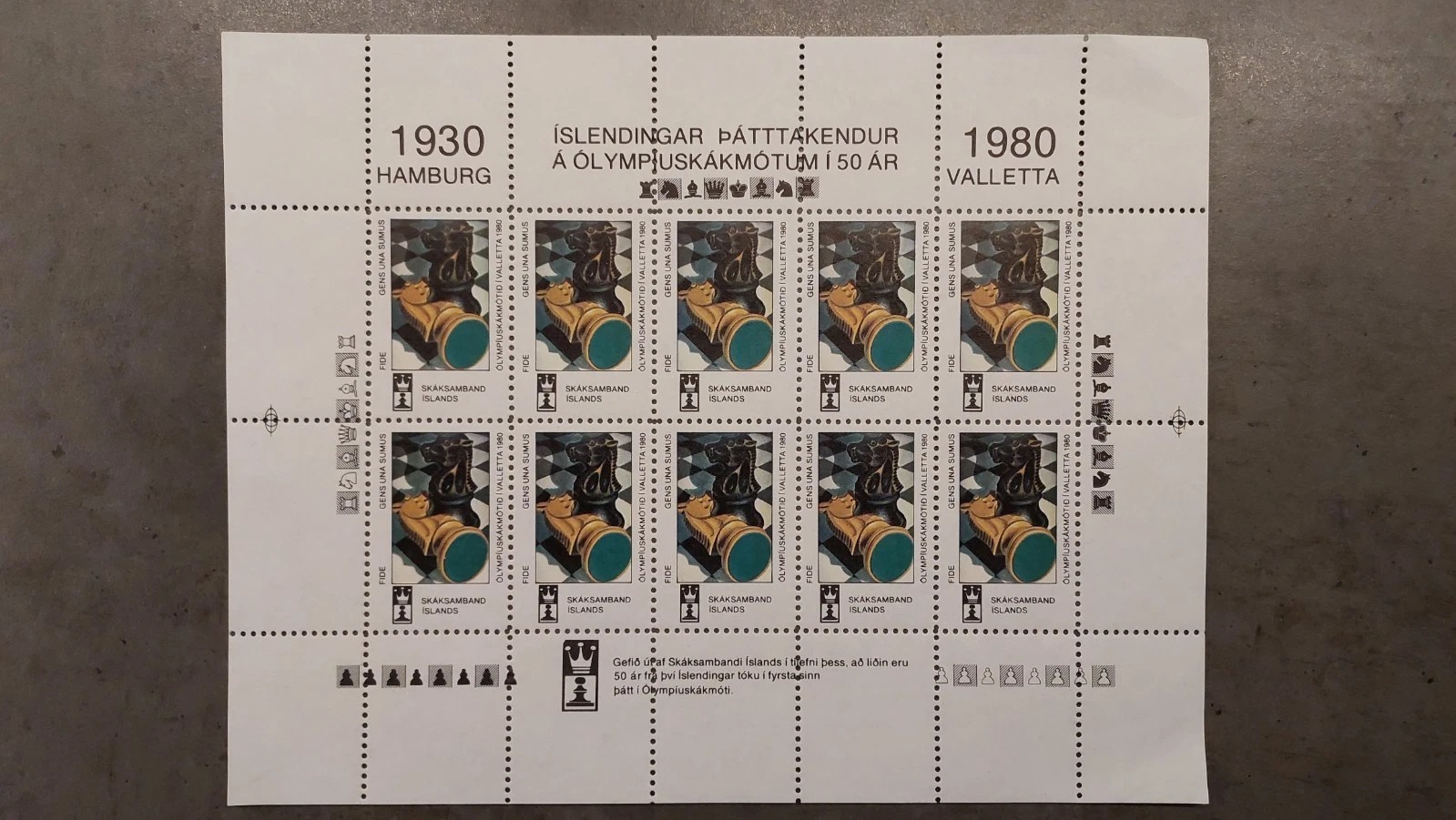 1980 - Chess in Olympics - Valletta - 50 Years - Stamp Sheet Iceland