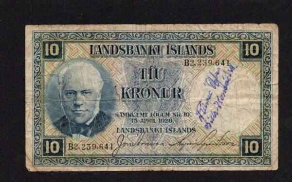 1928 ICELAND 10 KRONUR NOTE