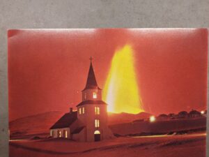 Heimaey eruption 1973 postcard Landakirkja fire pillar