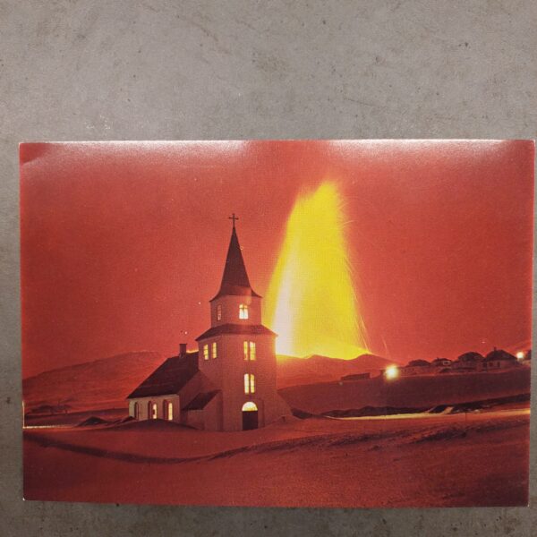 Heimaey eruption 1973 postcard Landakirkja fire pillar